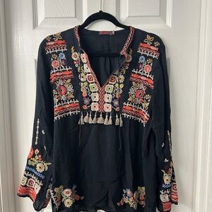 Johnny Was Black Top with Colorful Embroidery